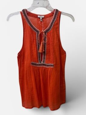 Joie Orange Beaded & Embroidered Tassel Tie Sleeveless Top - Size  S